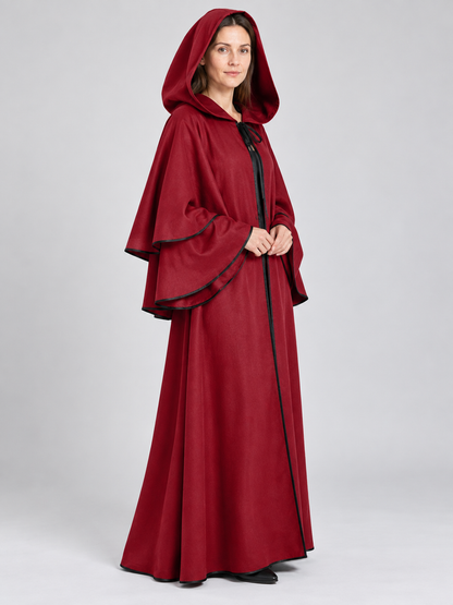 Long red hooded cloak with black trim