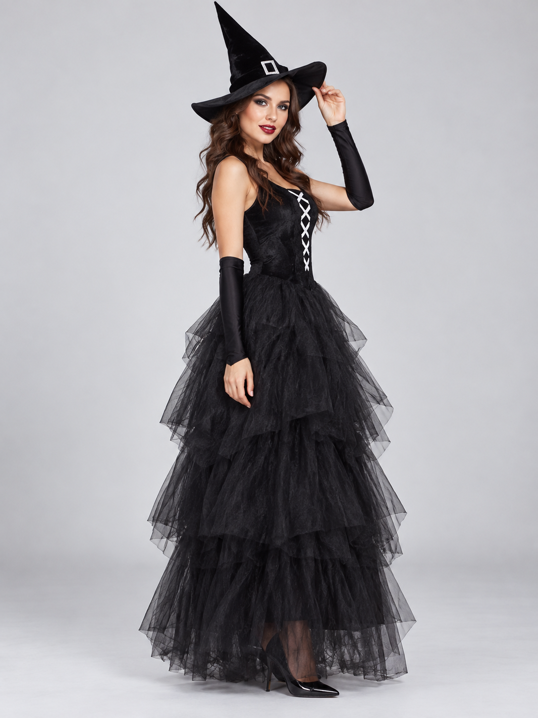 Witch Halloween Costume with Black Dress and Hat