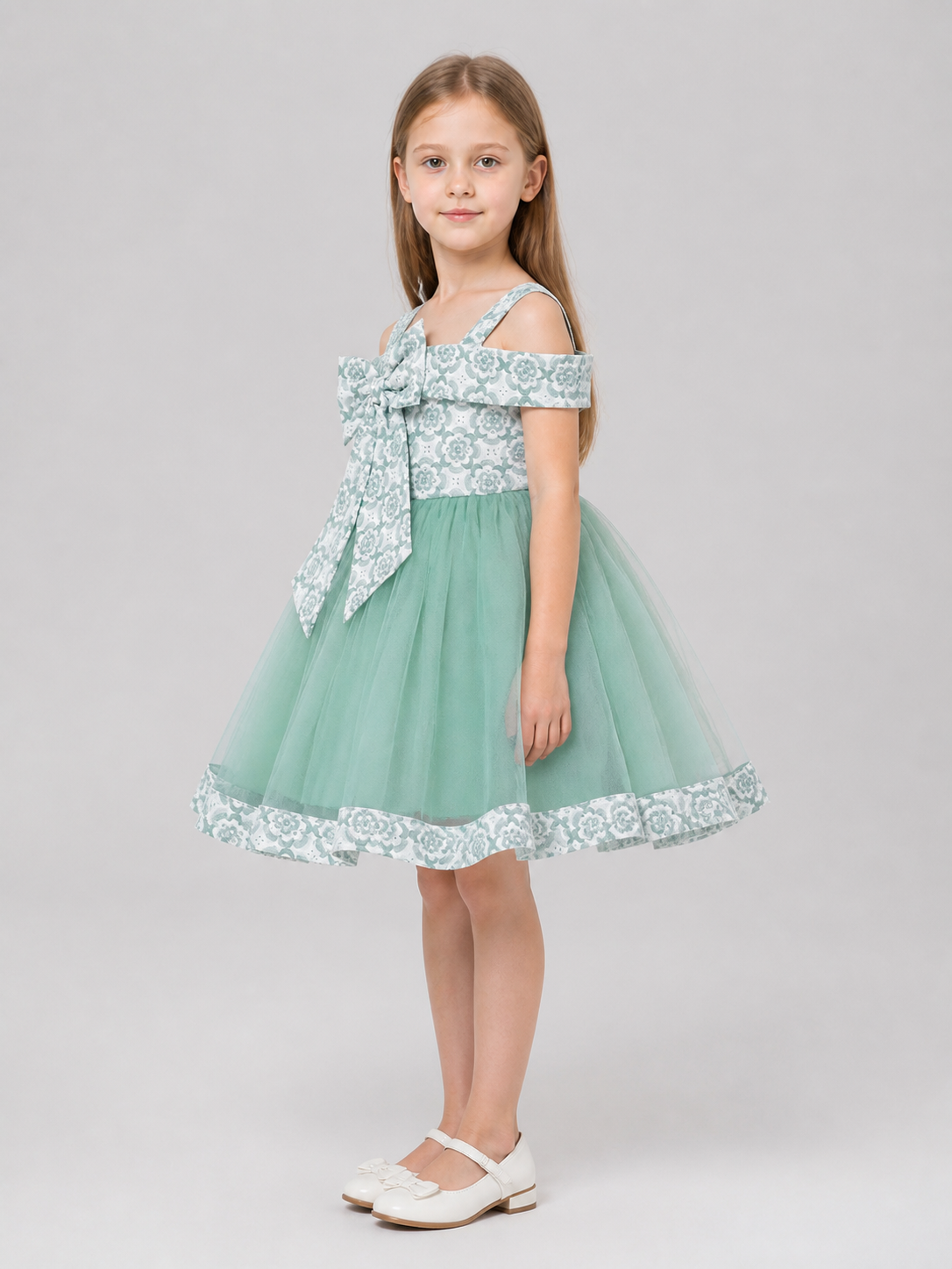 Fluffy Children's Princess Dress with Straps and Bow side view