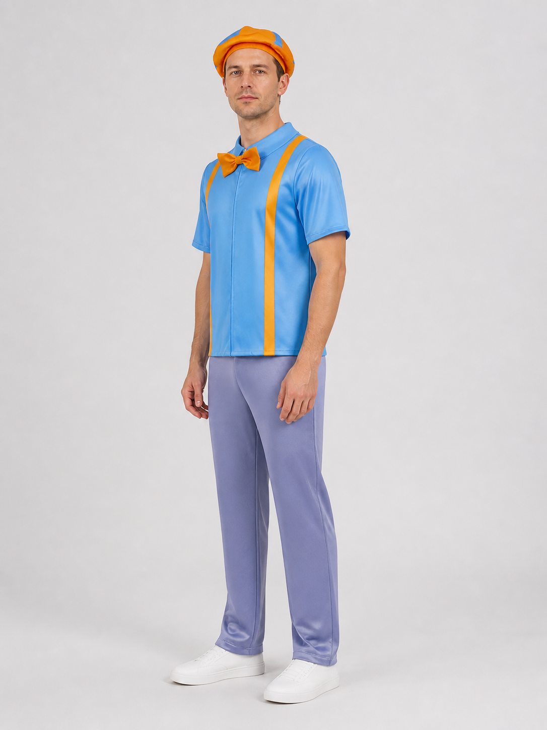 Blippi Cosplay Costume: Shirt, Pants, and Hat side view