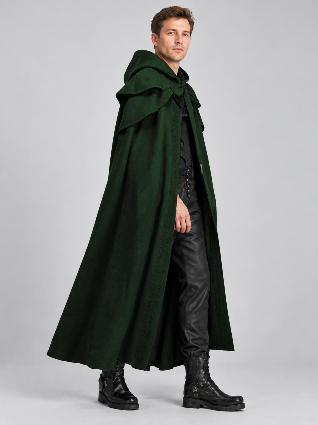 Long Loose-Fit Hooded Cloak Cape Dark Green
