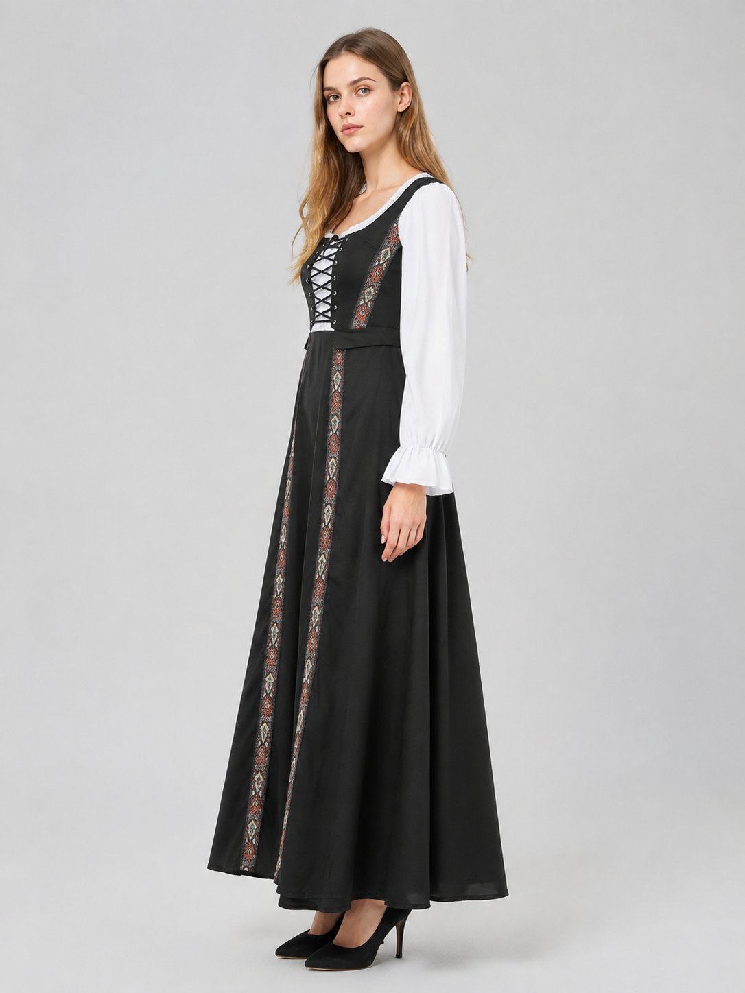 Long Black Historical-Style Dress with Lacing side view