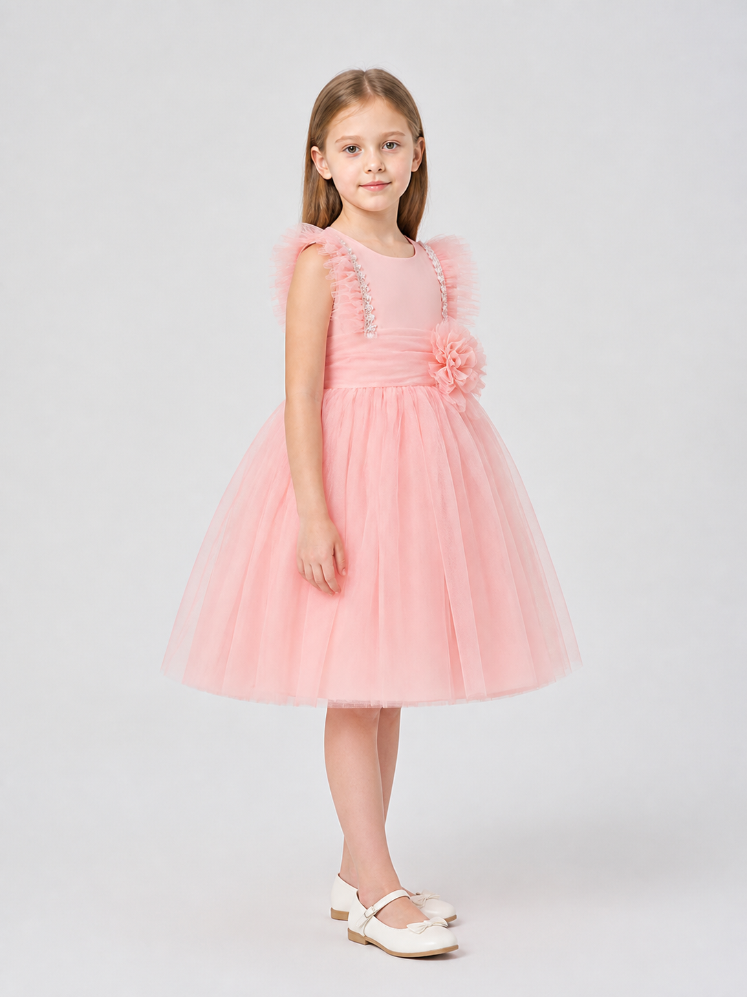 Tutu Dress with a Tulle Skirt, Sequins, and a Flower side view