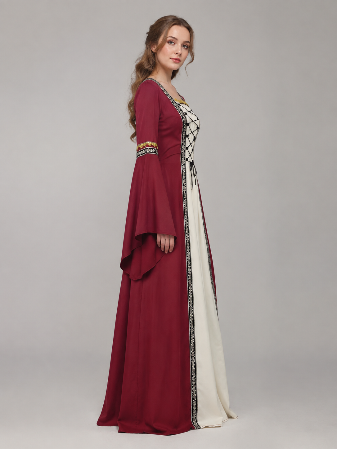 Burgundy Medieval Dress with Front Lacing side view