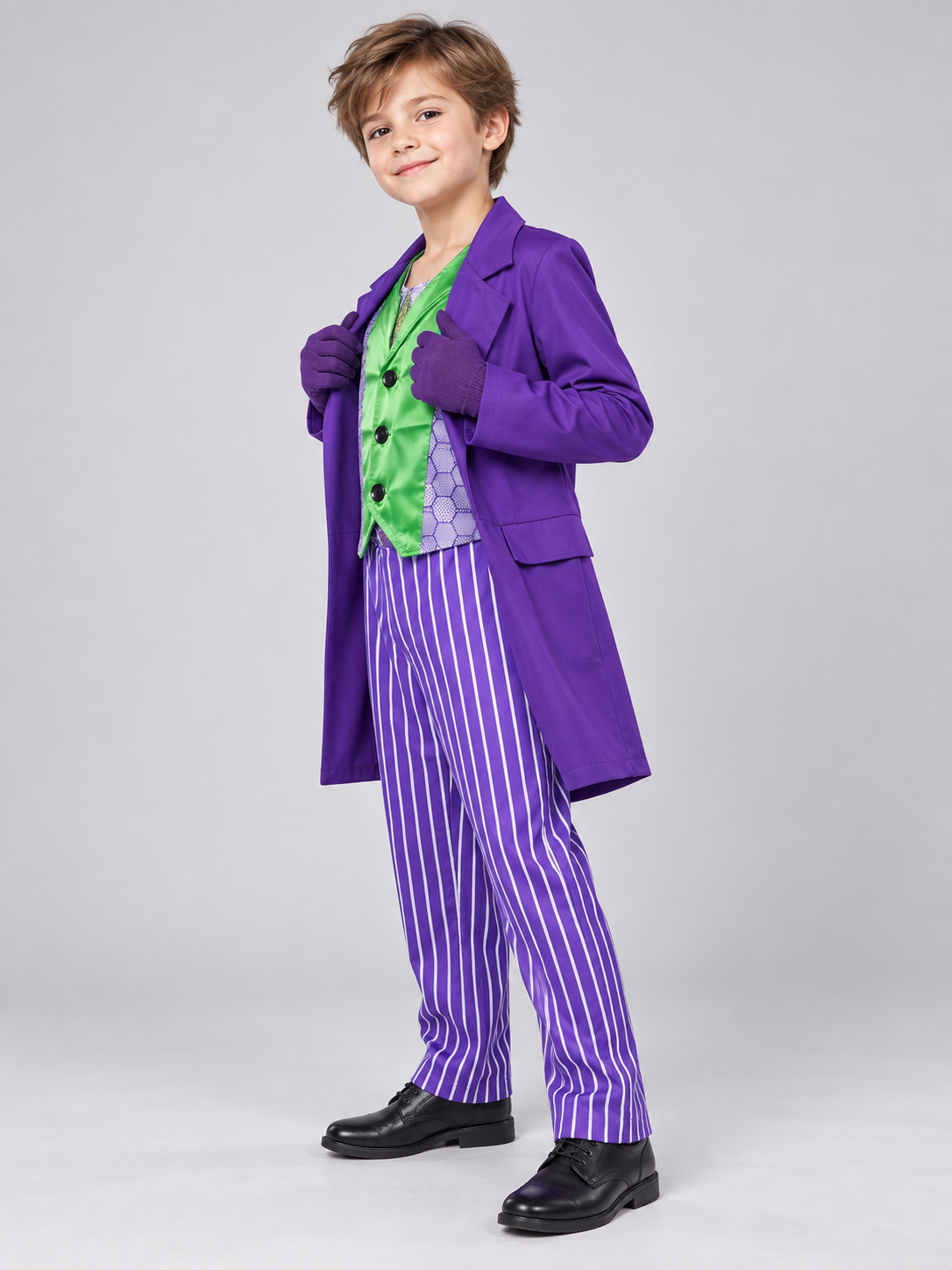 Kids' carnival costume with purple jacket and vest