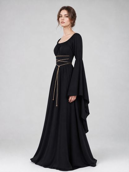 Elegant Floor-Length Dress with a Square Neckline and Flared Sleeves