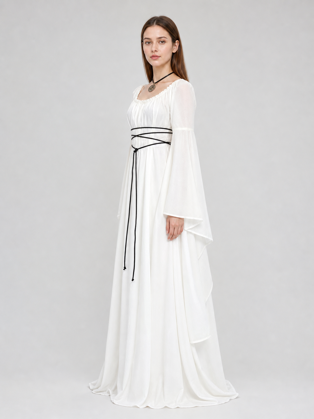 White Long Dress with Black Lacing