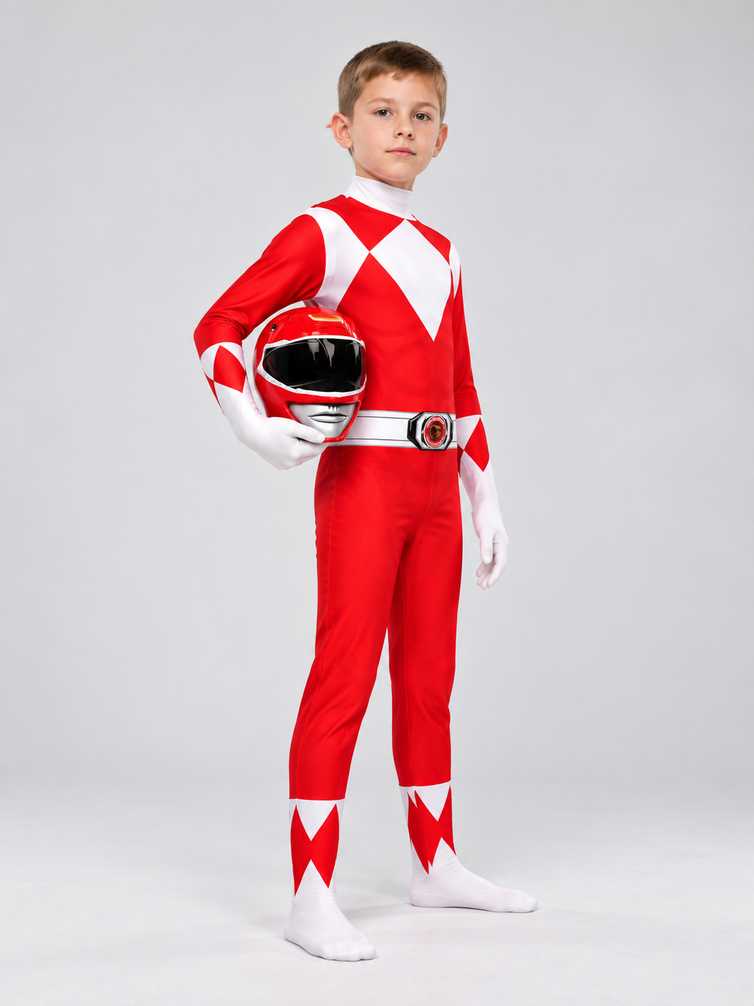 Red and White Carnival Costume Jumpsuit with Helmet Mask