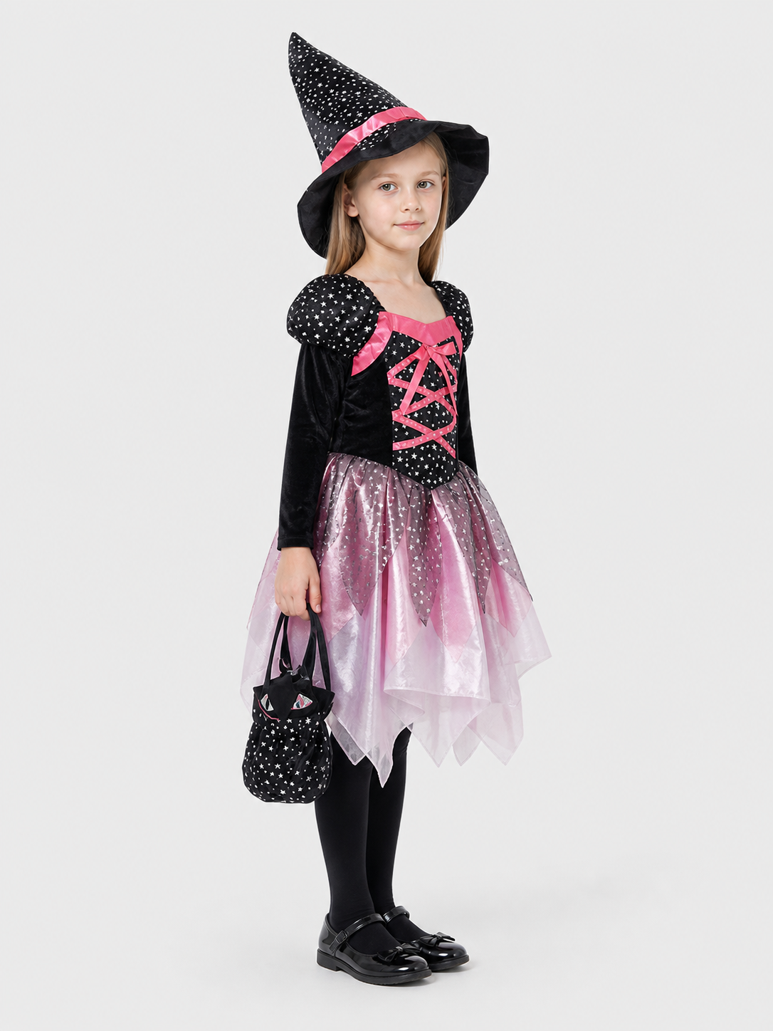 Children's Witch Costume with Full Skirt and Star-Patterned Hat side view