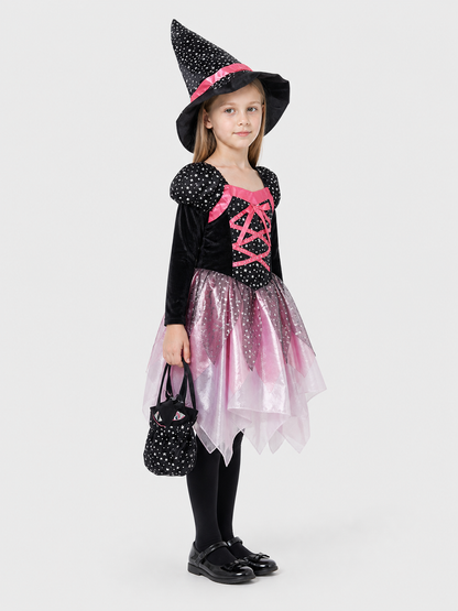 Children's Witch Costume with Full Skirt and Star-Patterned Hat side view