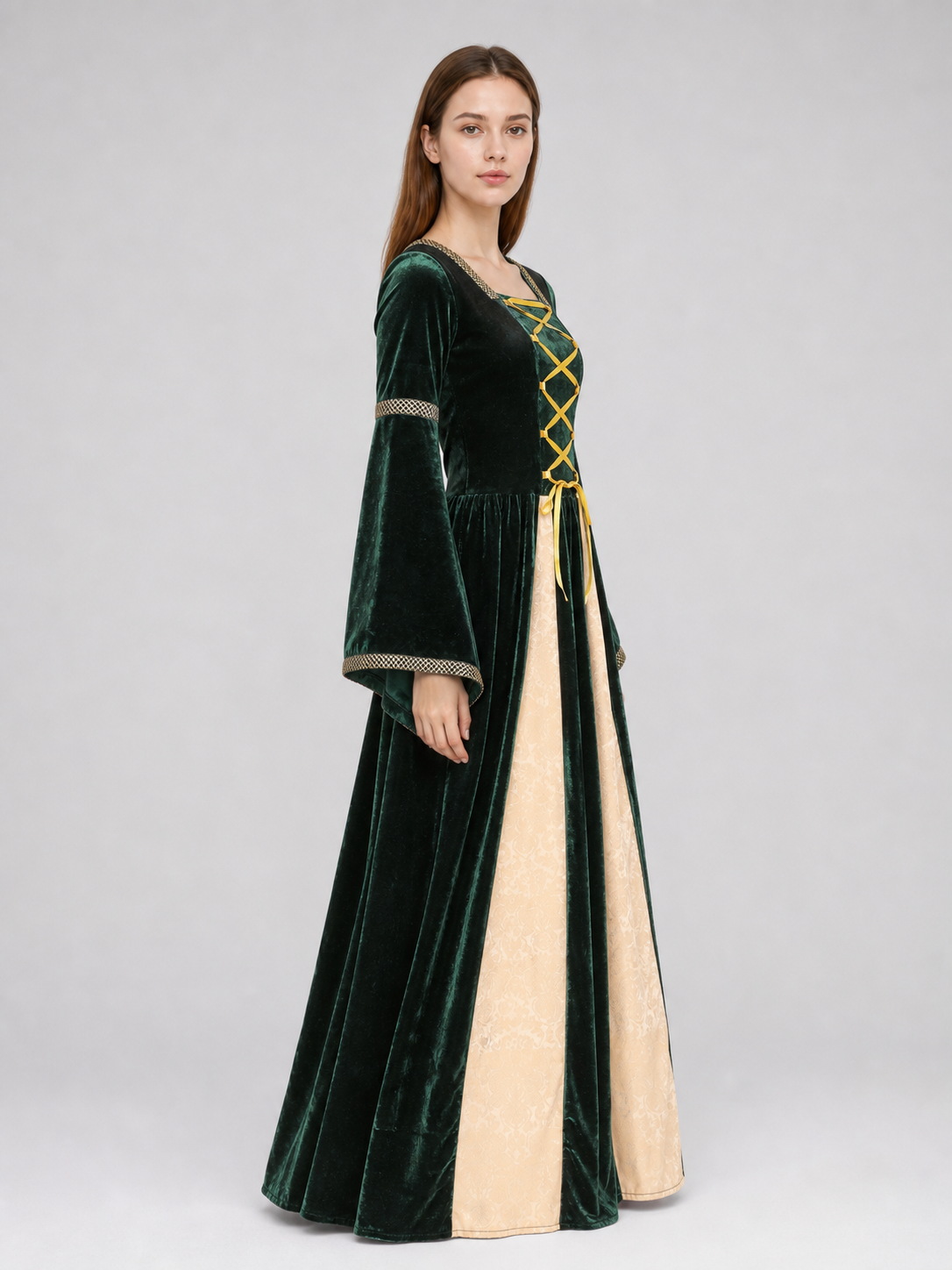 The magic of a medieval fairy tale comes to life in this stage dress costume in side view