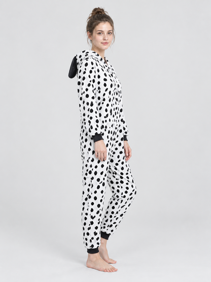 White pajama jumpsuit with black spots and ears