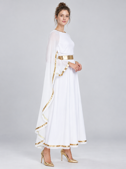 Floor-Length Dress with Gold Trim and Cape