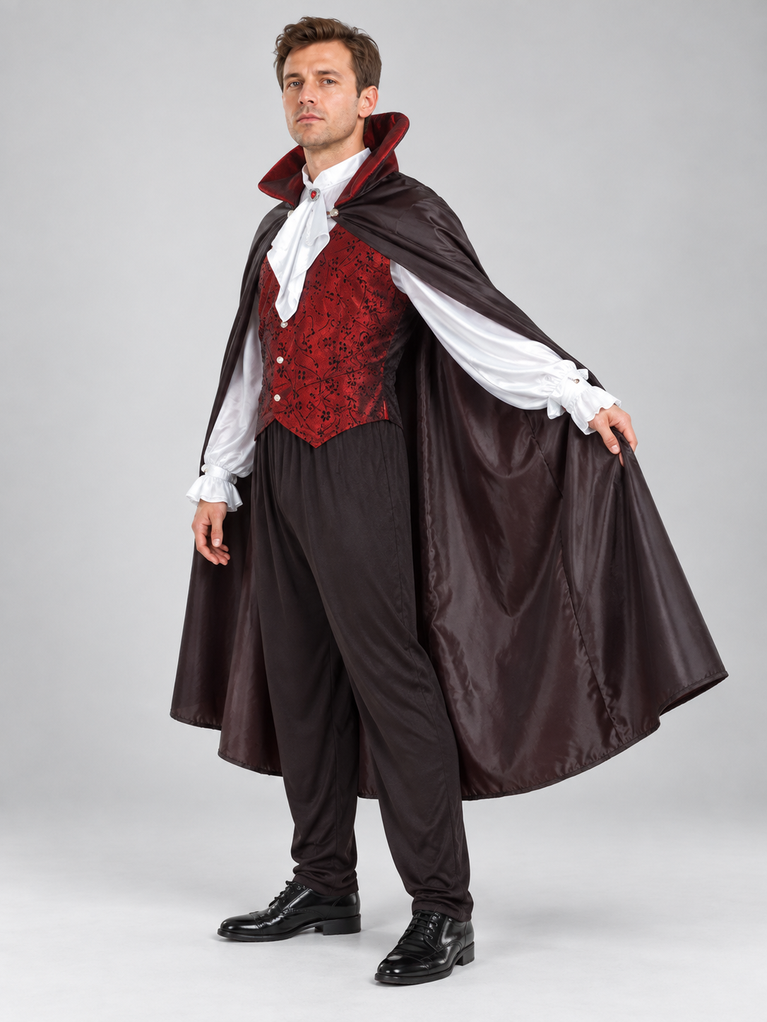 Vampire Costume with Red Vest and Cape side view