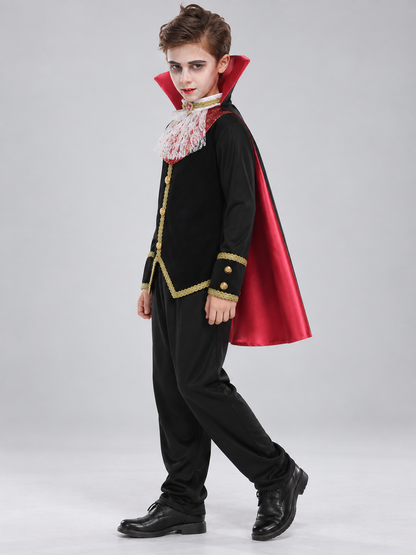 Children's vampire costume with cape and fangs side view