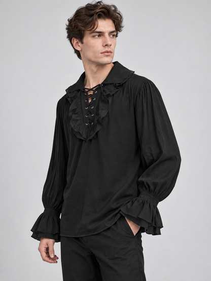 Black shirt with ruffles, lacing, and gathering