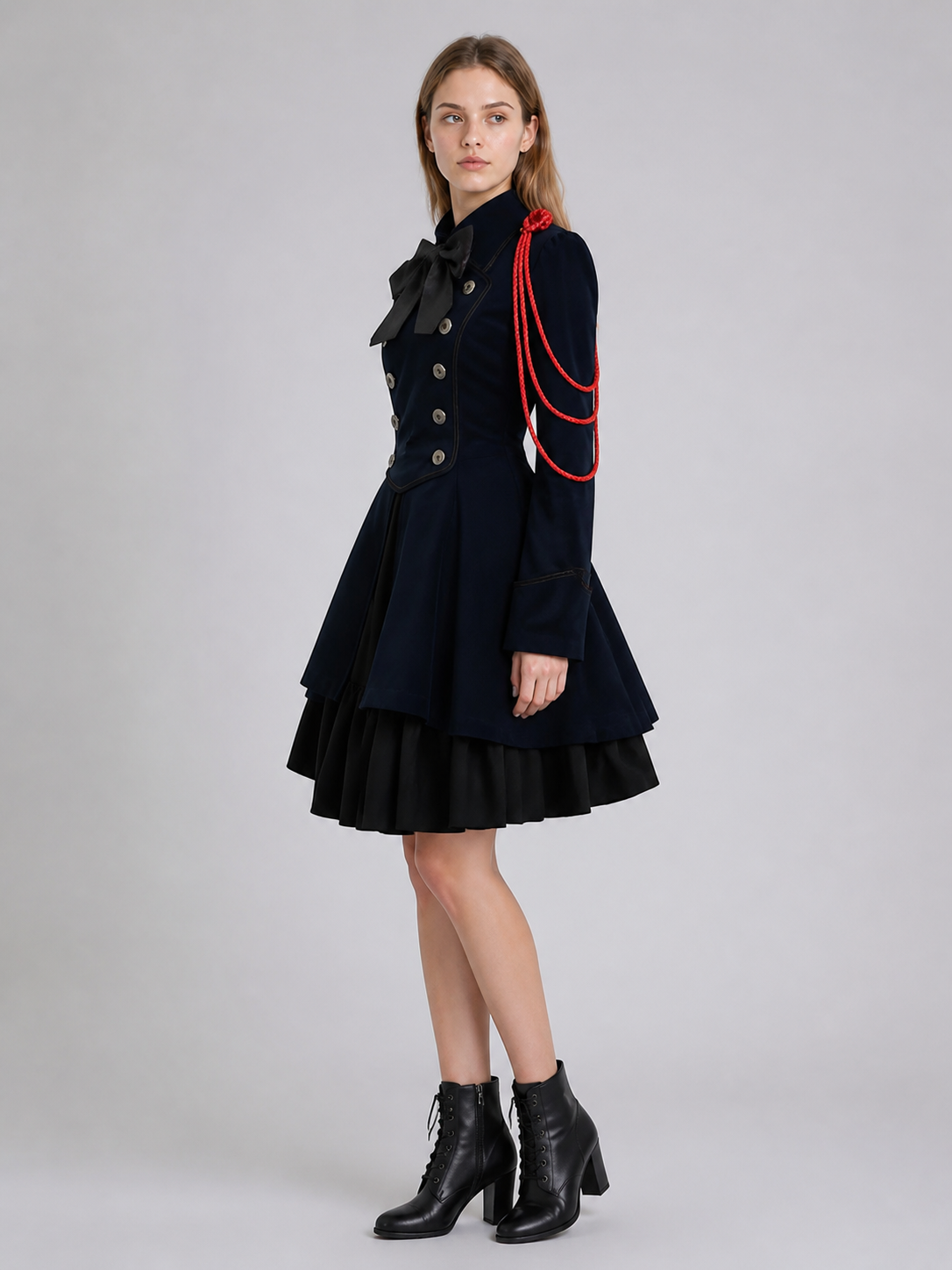Gothic cosplay dress with bow and ruffle side view