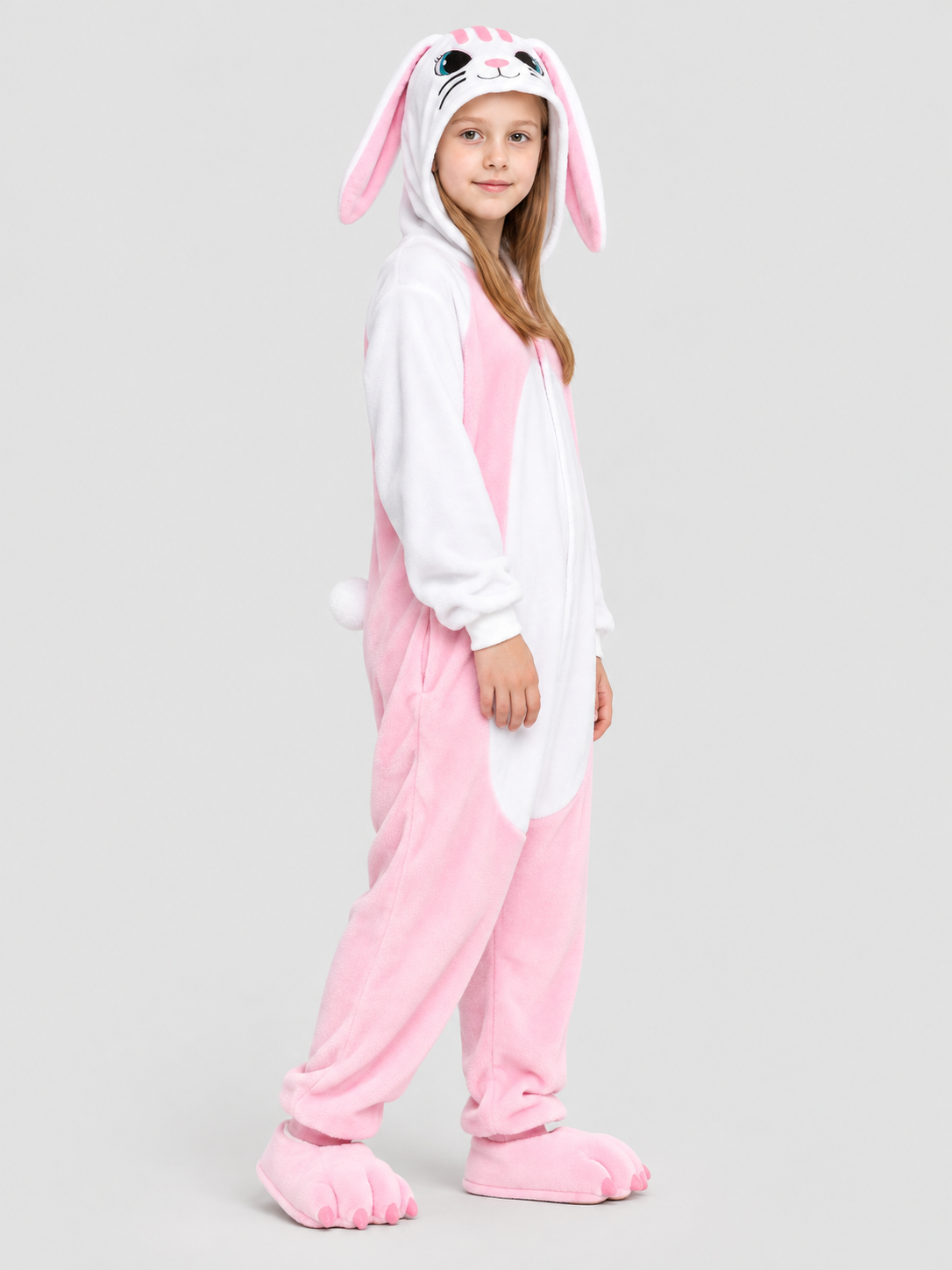 Pajama jumpsuit with bunny ears, white and pink