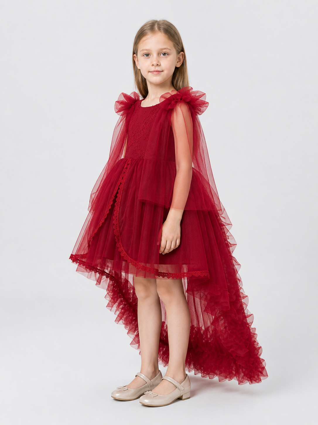 Burgundy Princess Dress with a Long Train and Bows side view