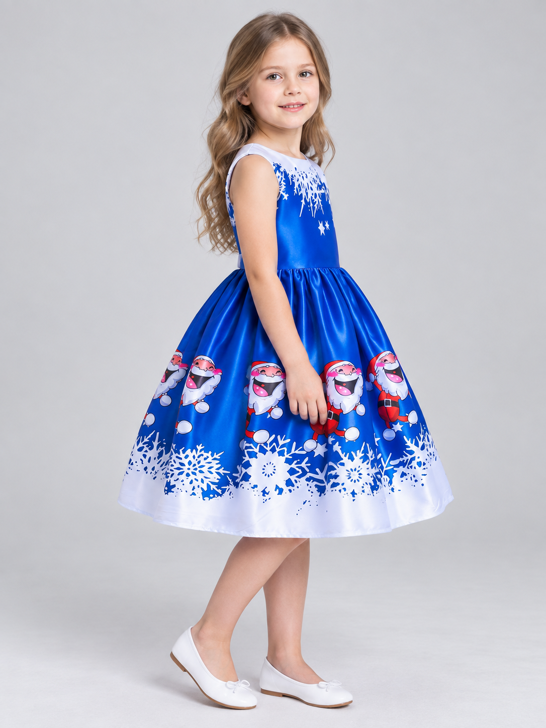 Blue Girls' Holiday Dress with Christmas Print side view