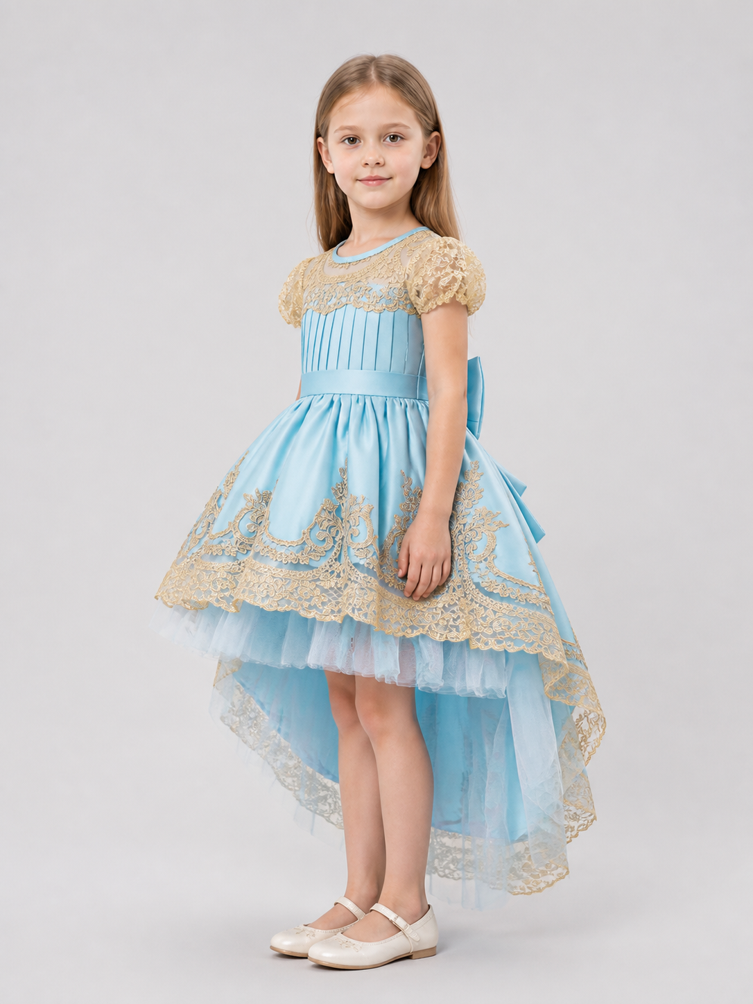 Blue Princess Dress with Gold Lace and Train side view
