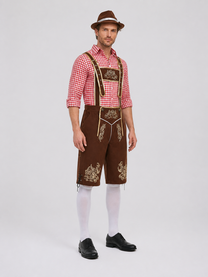 Bavarian Costume with Embroidery: Shirt, Shorts, and Hat side view