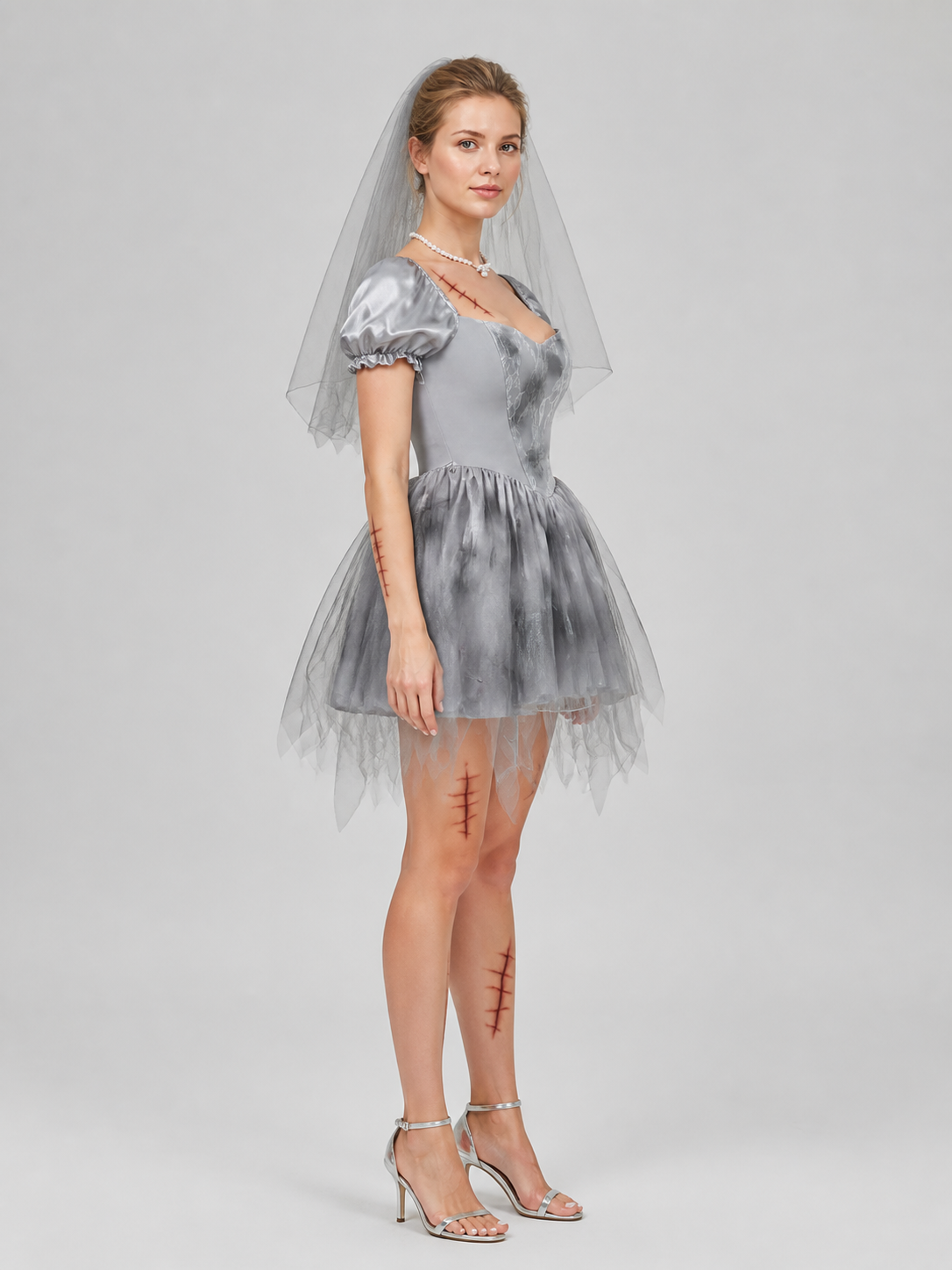 Gray Ghost Bride Dress with Veil and Ragged Hem side view