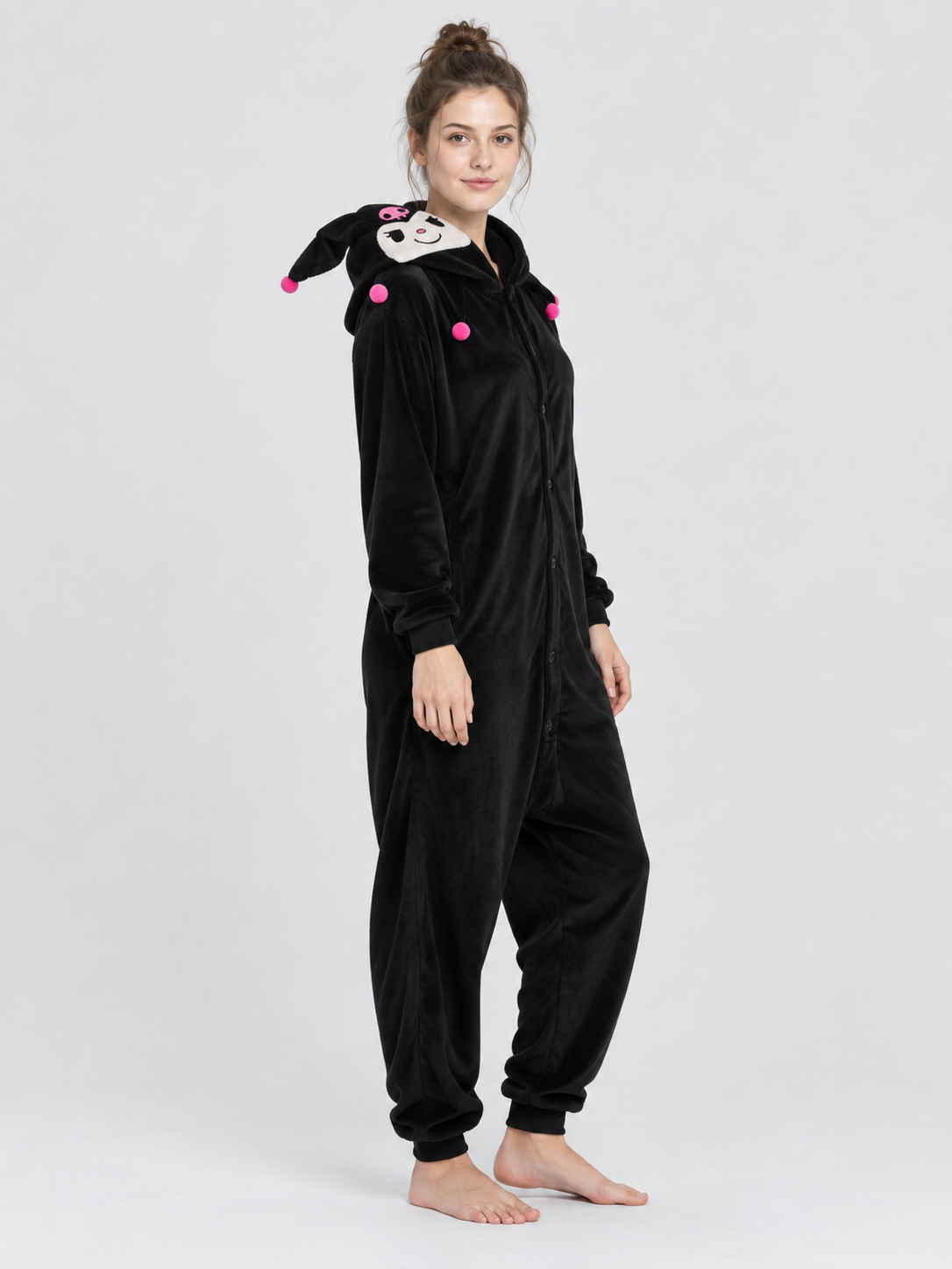 Black Fleece Hooded Pajama Jumpsuit with Ears
