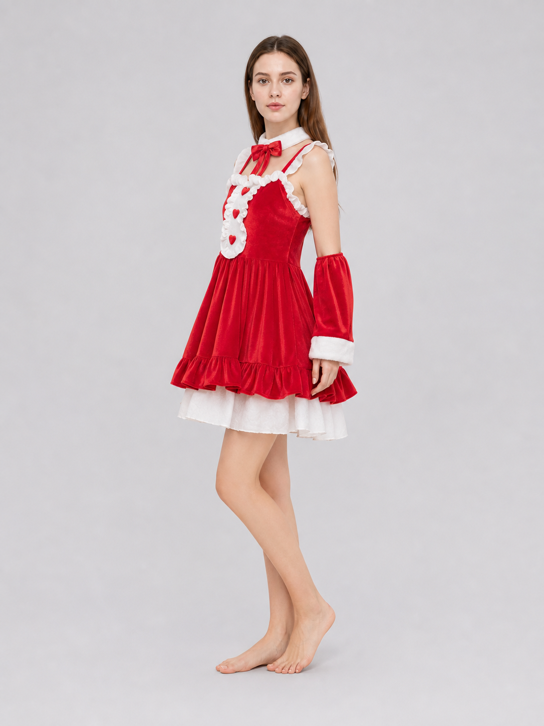 Christmas-Themed Dress with Bow and Ruffles