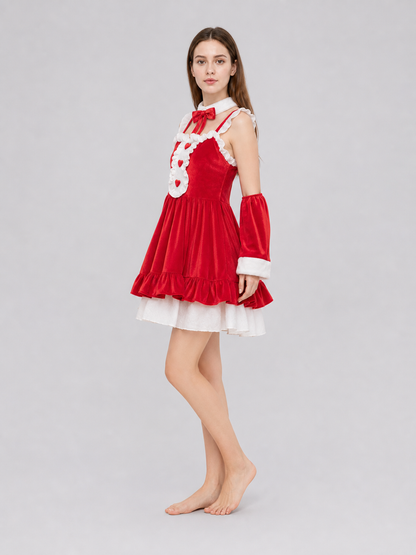 Christmas-Themed Dress with Bow and Ruffles