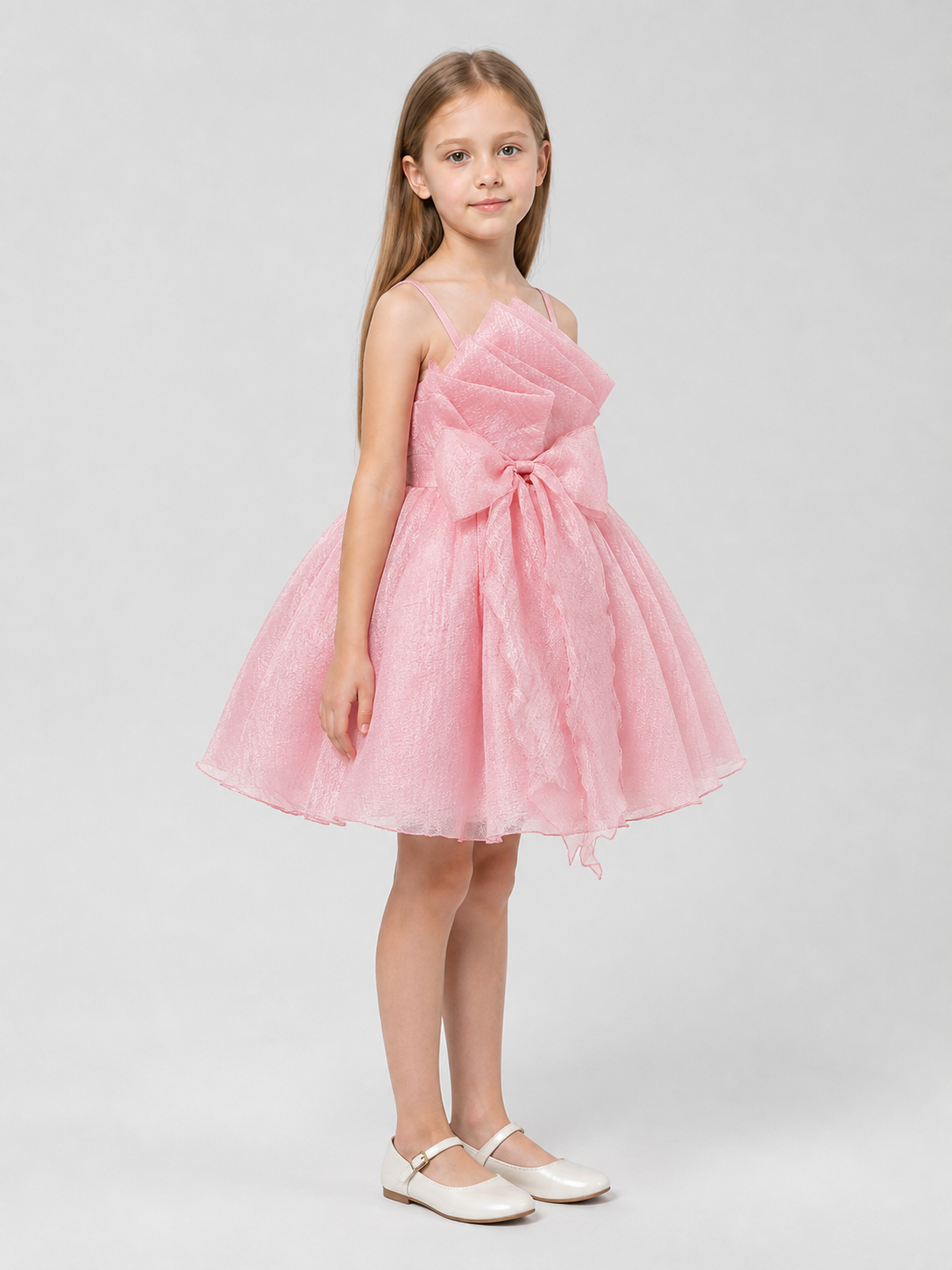 Girls' Spaghetti-Strap Dress with Bow and Full Skirt side view