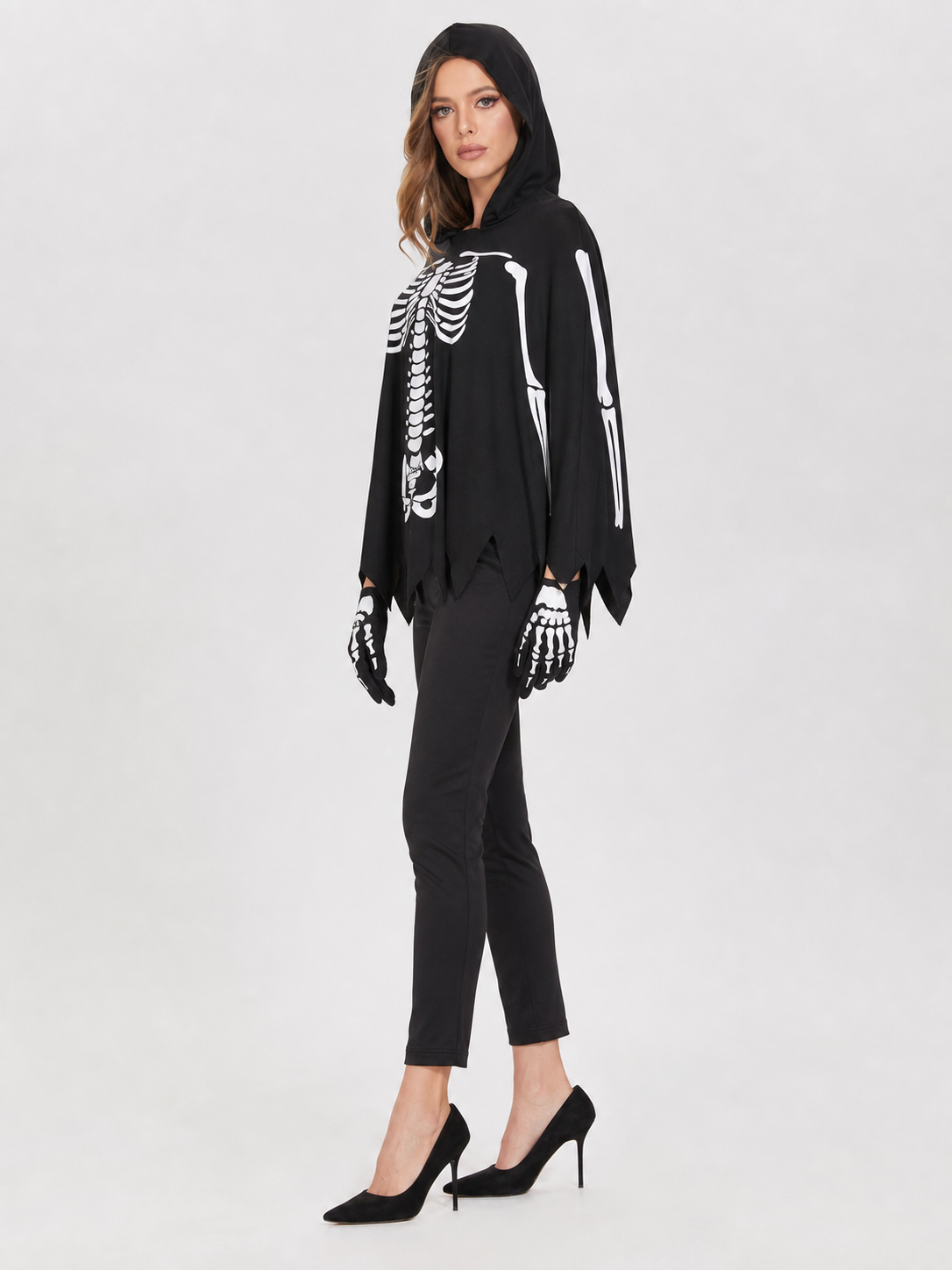 Hooded Cloak Costume with White Skeleton Print for Cosplay