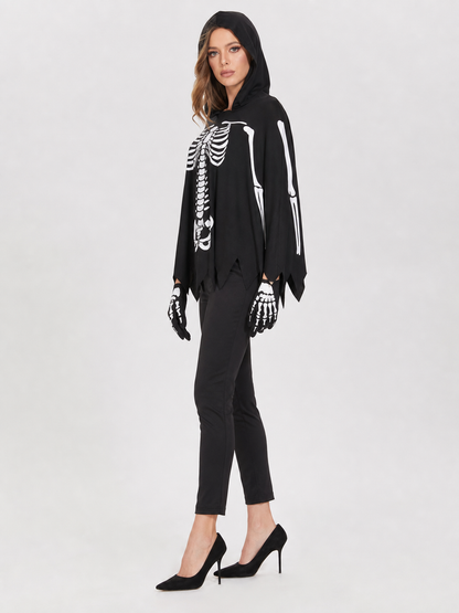 Hooded Cloak Costume with White Skeleton Print for Cosplay