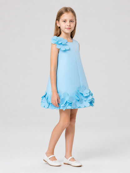 Girls' Light Blue Formal Dress with Dimensional Flowers side view