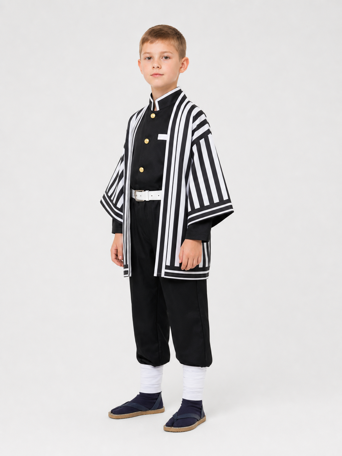 Anime Cosplay Costume, Striped Jacket, Belt, and Pants side view