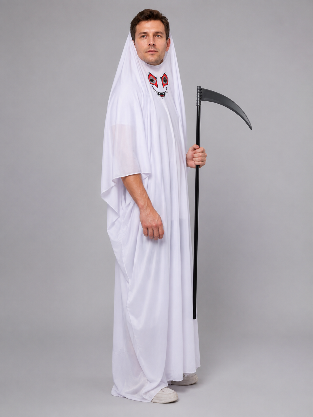 Ghost Costume with Long Cape and Scythe side view