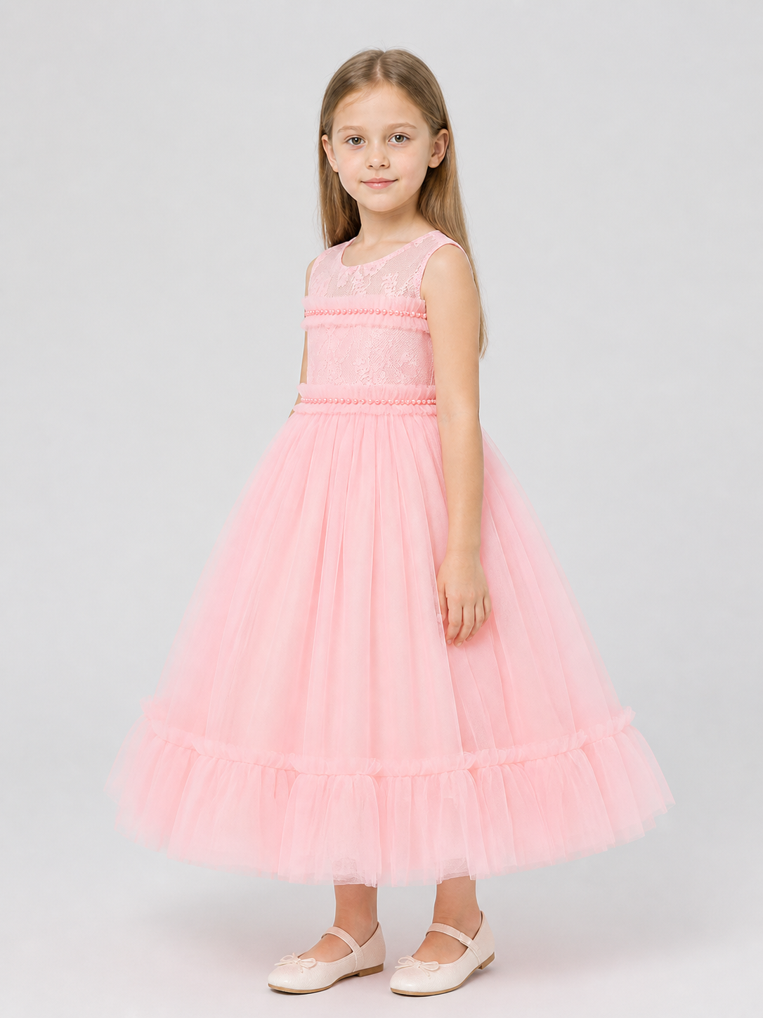 Long Pink Lace Princess Dress for Girls side view