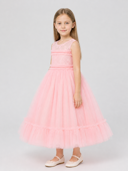 Long Pink Lace Princess Dress for Girls side view