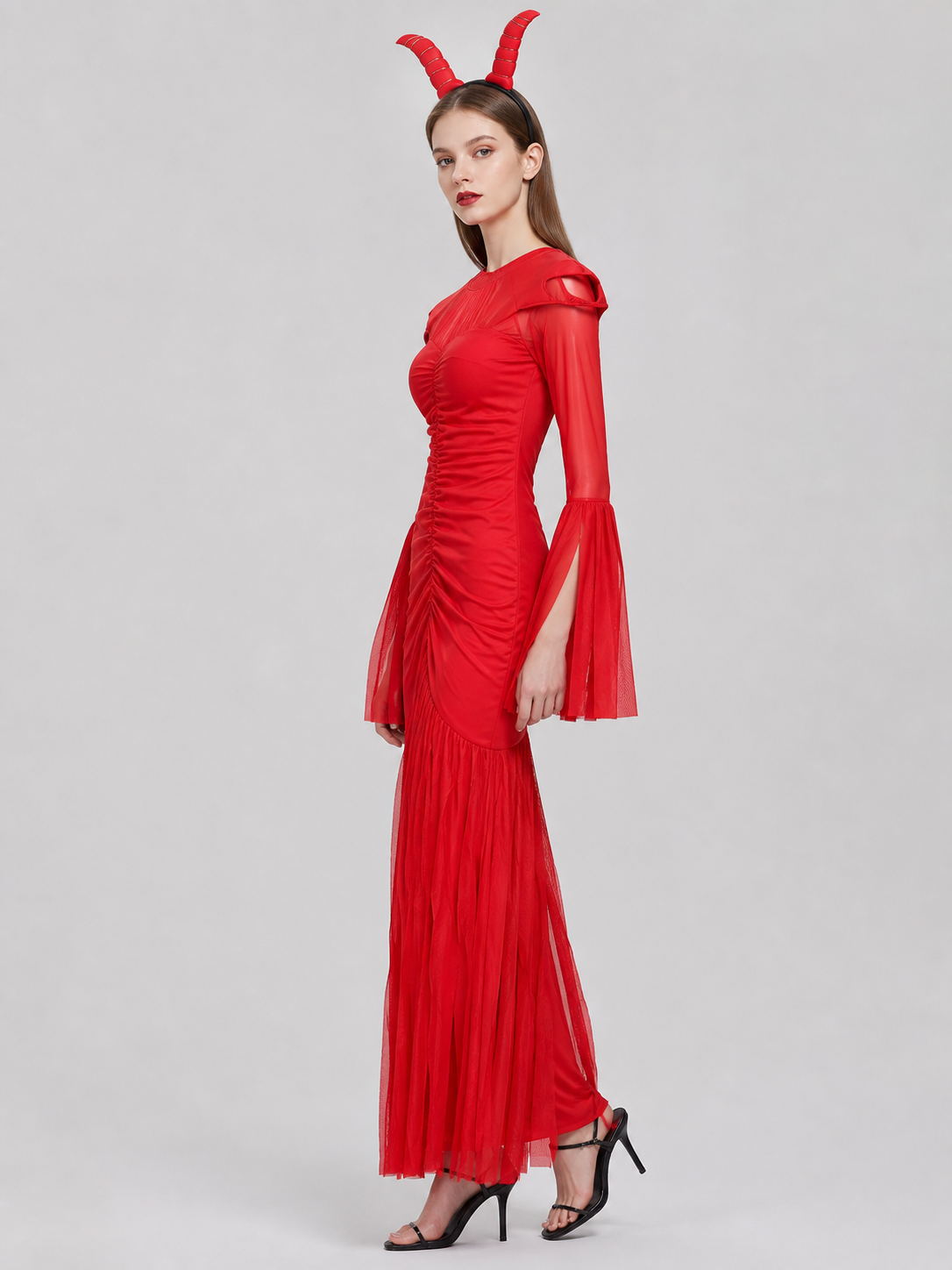 Demon Costume with Horns, Red Mesh Dress