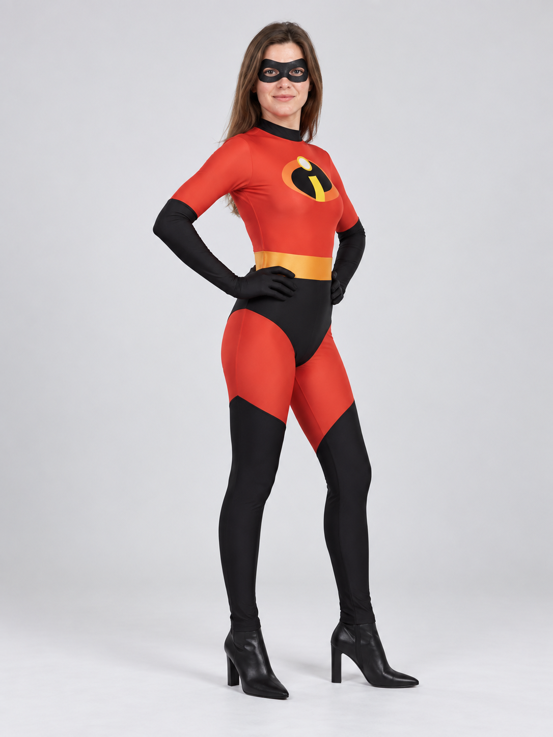 Red and black superhero costume with mask and yellow belt