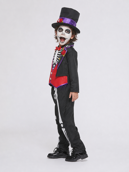 This skeleton costume is designed in the Mexican style of the Day of the Dead celebration. The outfit includes a black jacket with purple trim and floral decorations, a red vest-style front panel with decorative buttons, a red bow tie, blac