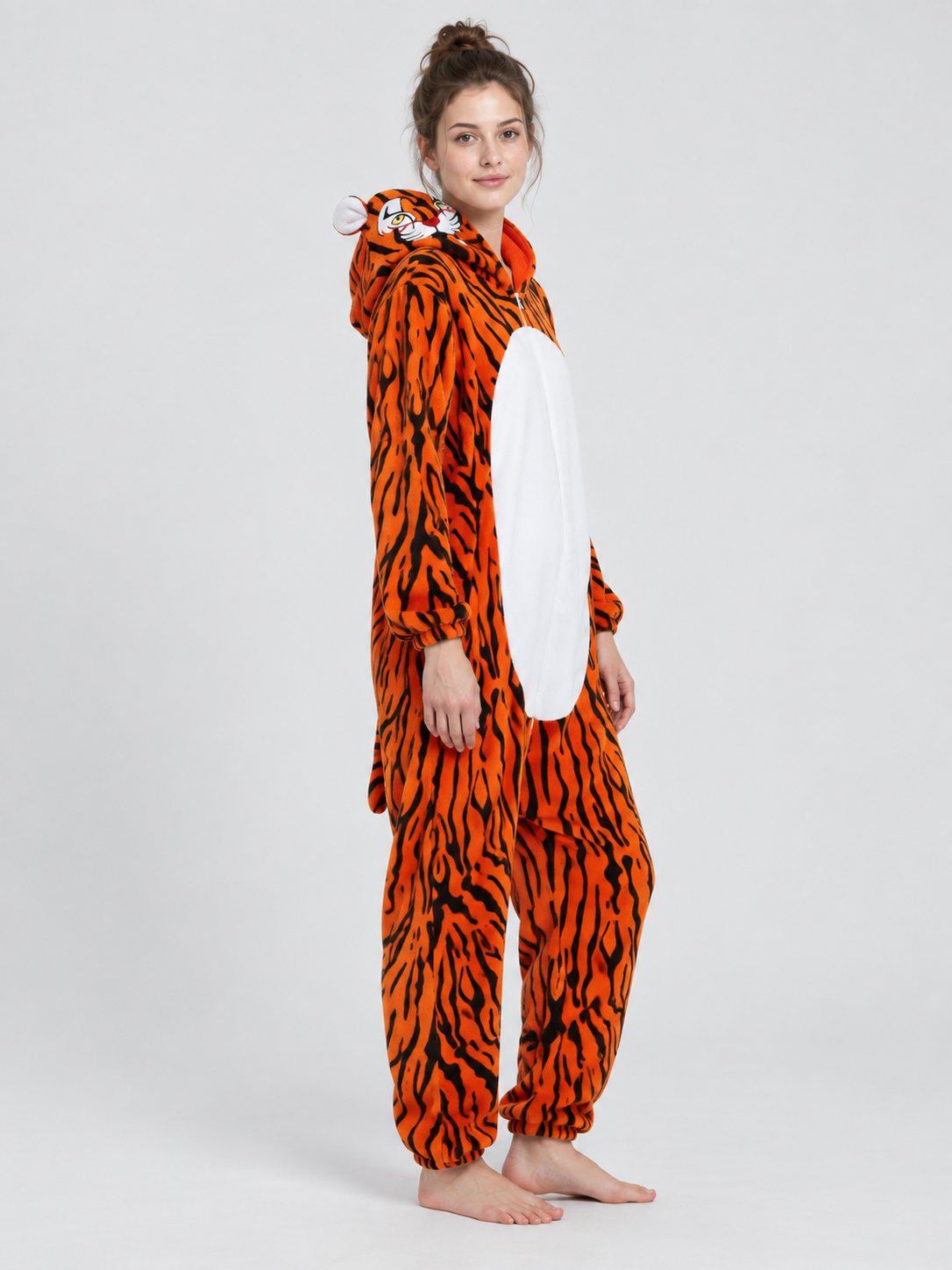 Fleece Hooded Tiger Print Pajama Jumpsuit