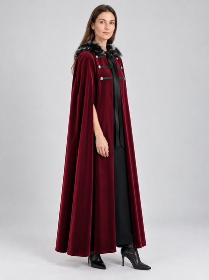 Burgundy Cape Cloak with Fur Collar