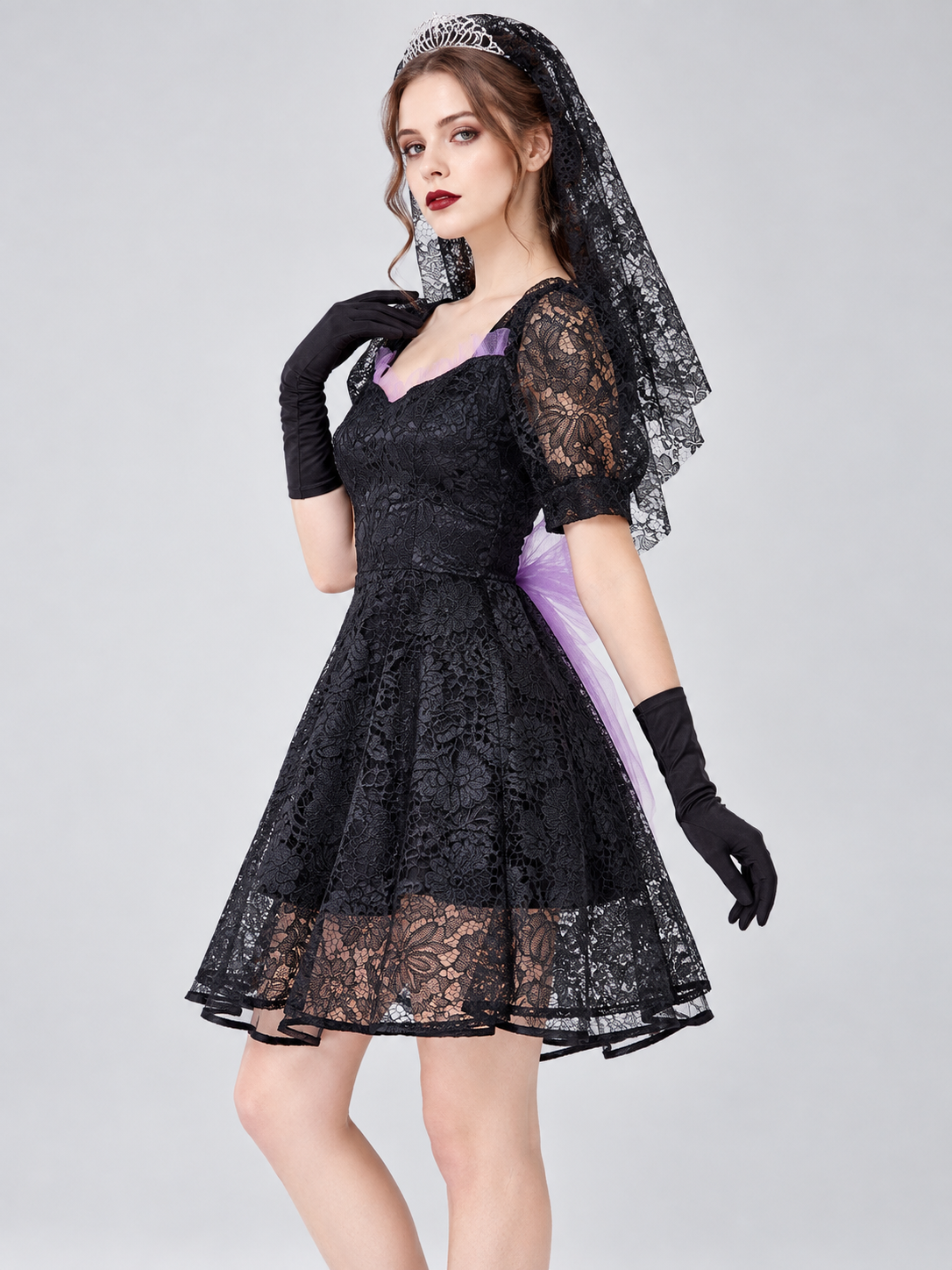 Vampire Costume: Black Dress, Veil, Gloves