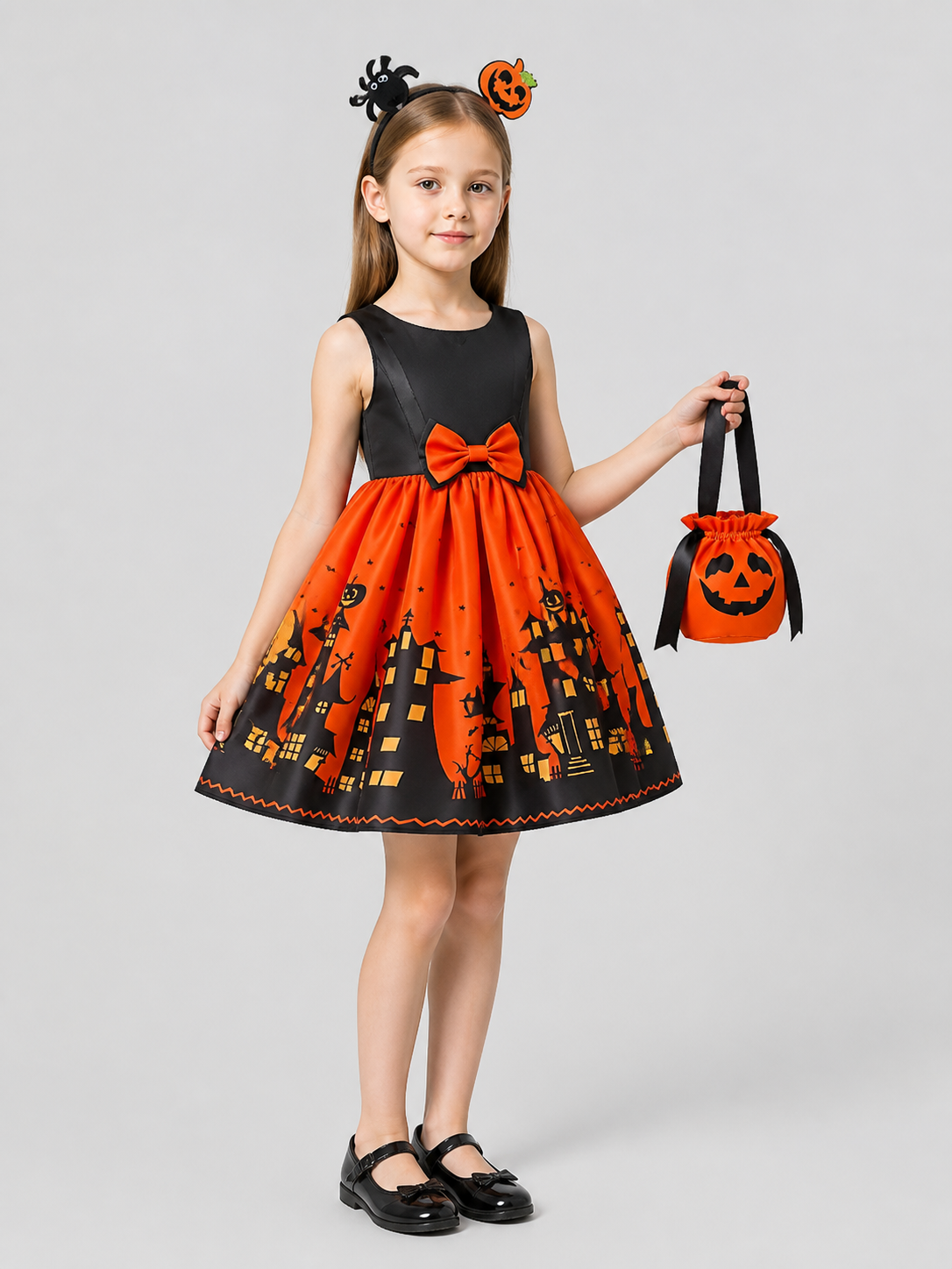 Children’s Halloween Dress, A-Line, with Bag and Headband side view