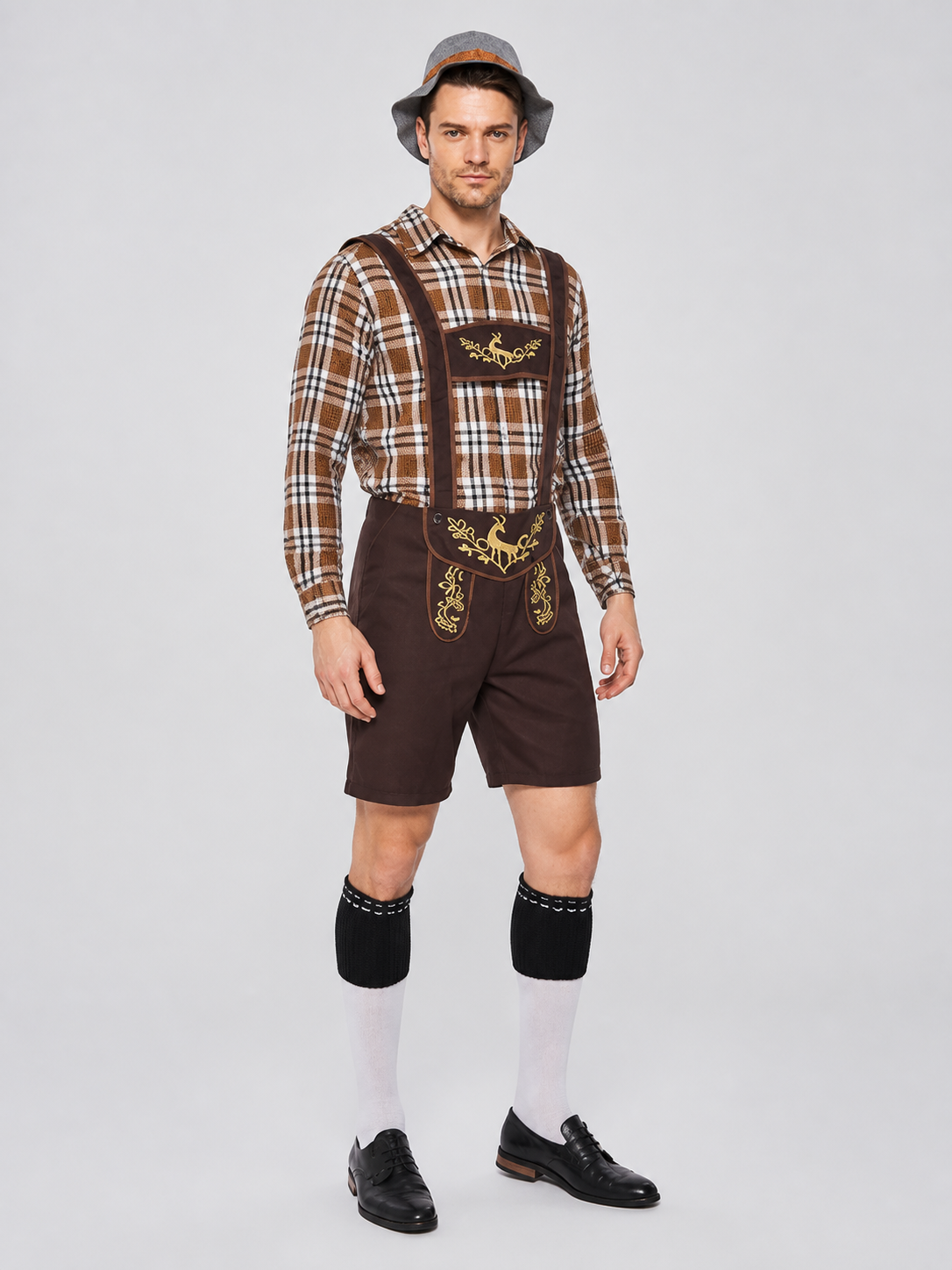 Bavarian Costume: Plaid Shirt, Shorts, and Hat side view