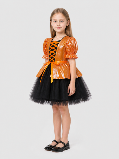 Children’s Princess Dress with Pumpkin and Bat Print side view