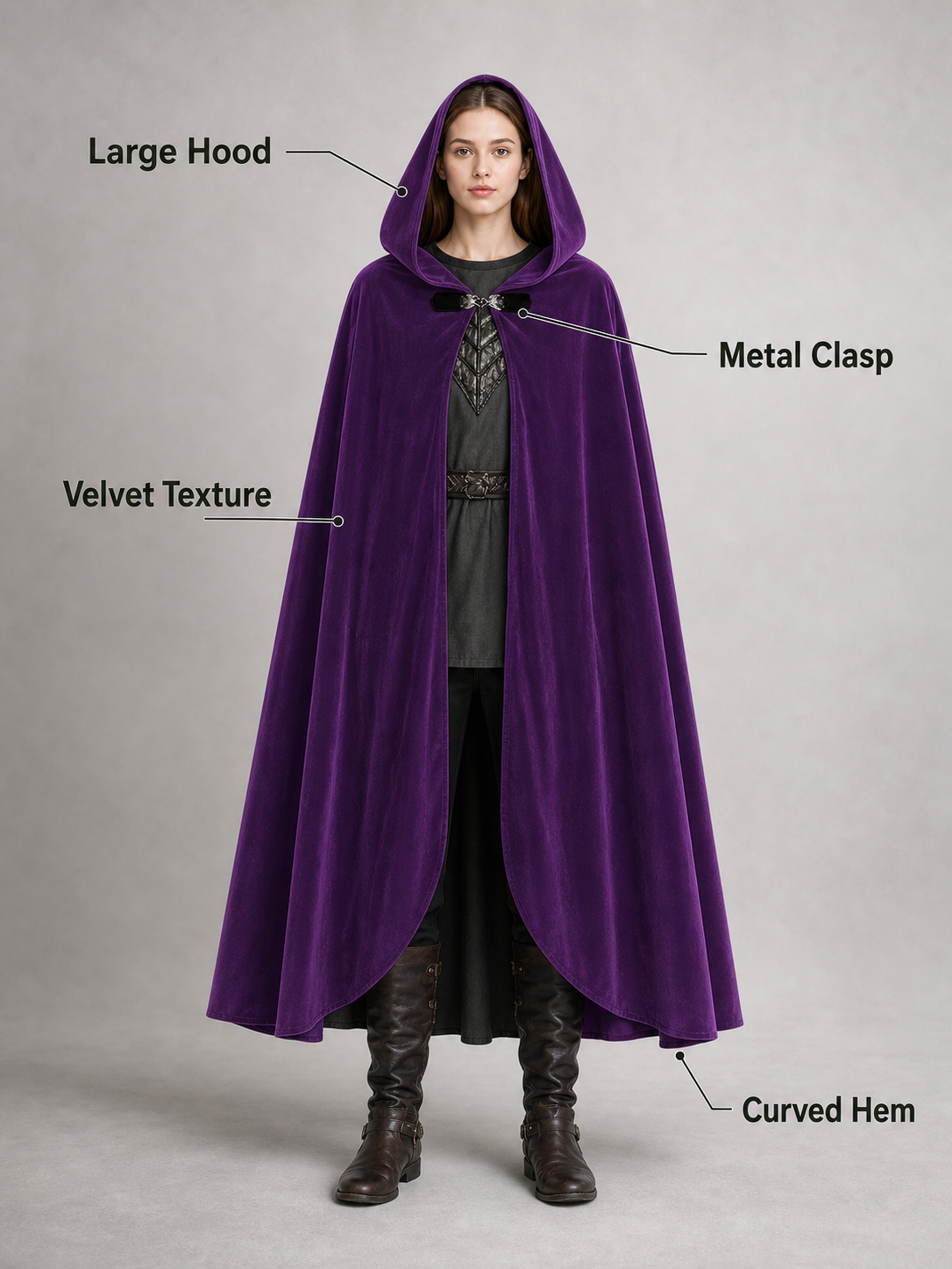 Medieval Fantasy Hooded Archer Cape with Front Clasp, Layered Tunic Style, Bow and Arrow for Cosplay Events and Costume Parties