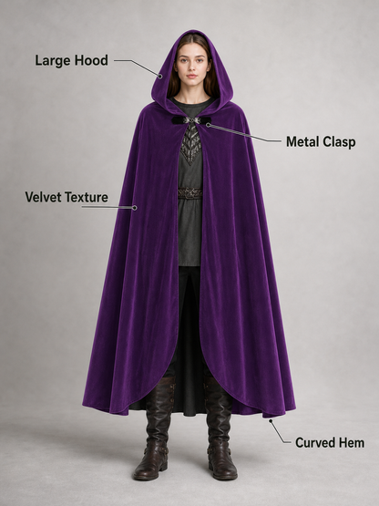 Medieval Fantasy Hooded Archer Cape with Front Clasp, Layered Tunic Style, Bow and Arrow for Cosplay Events and Costume Parties