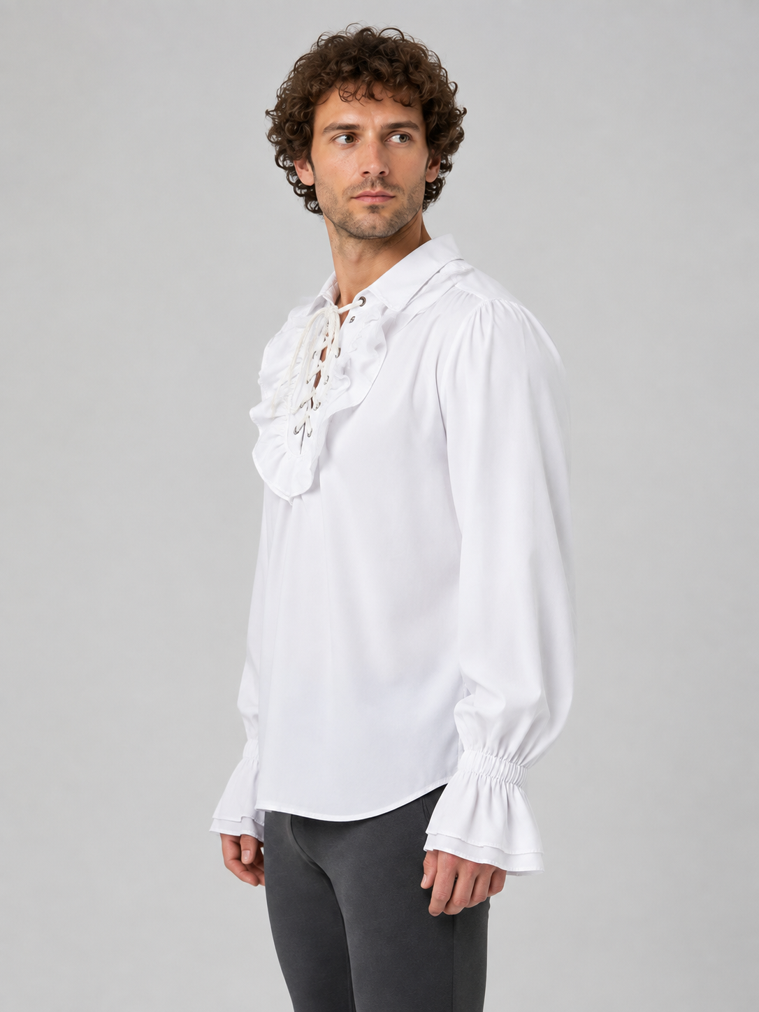 Chiffon Ruffle Blouse with Lacing and Long Sleeves side view